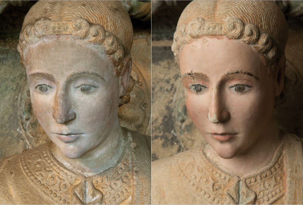 Antes y después de una escultura del Pórtico de la Gloria. Foto: Fundación Barrié / Fundación Catedral de Santiago