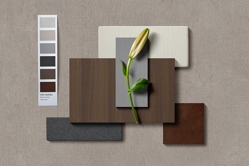 Moodboard Soft Brutalism con materiales cálidos, texturas sólidas y paleta neutra para arquitectura contemporánea