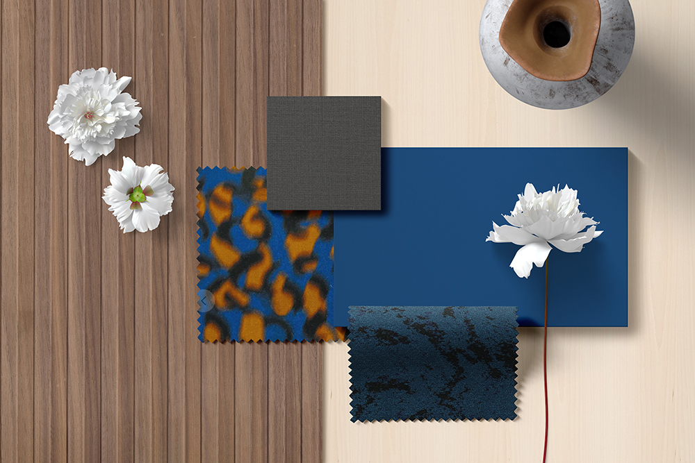 Natural Contrast – Moodboard de tensión equilibrada Moodboard Natural Contrast con maderas naturales, texturas marcadas y contraste en azul eléctrico