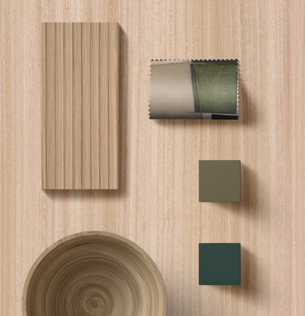 Earthy Modern detalle de materiales naturales y tonos verdes