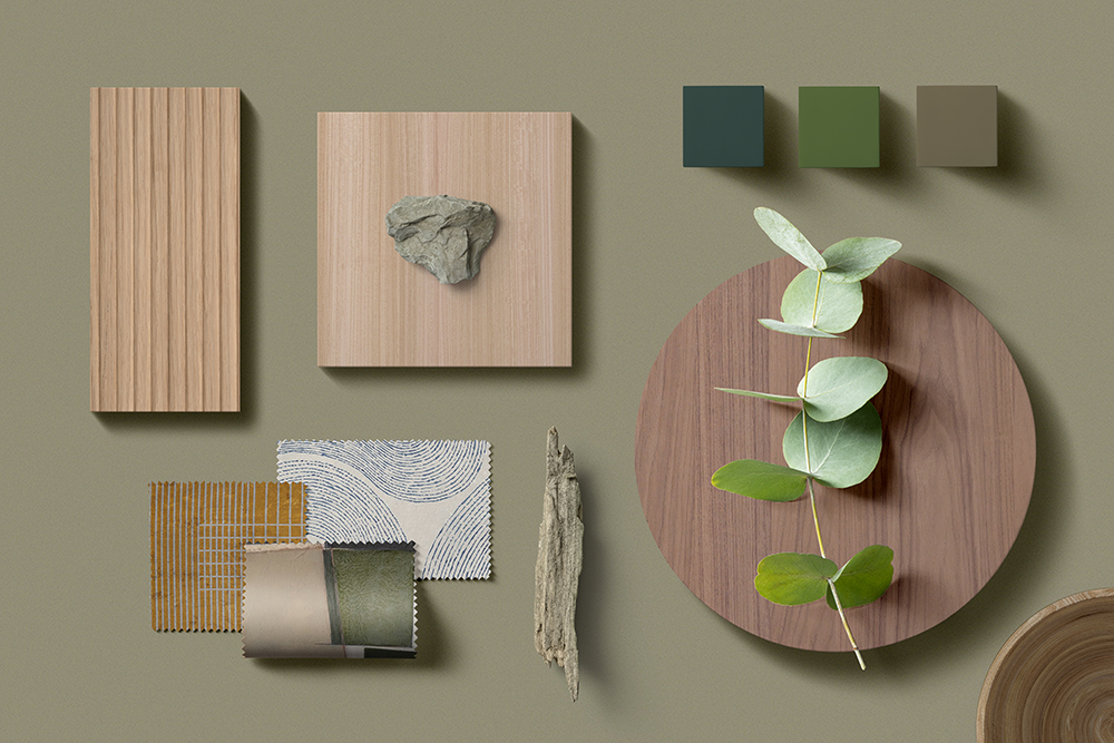 Moodboard Earthy Modern con tonos verdes, maderas naturales y texturas orgánicas