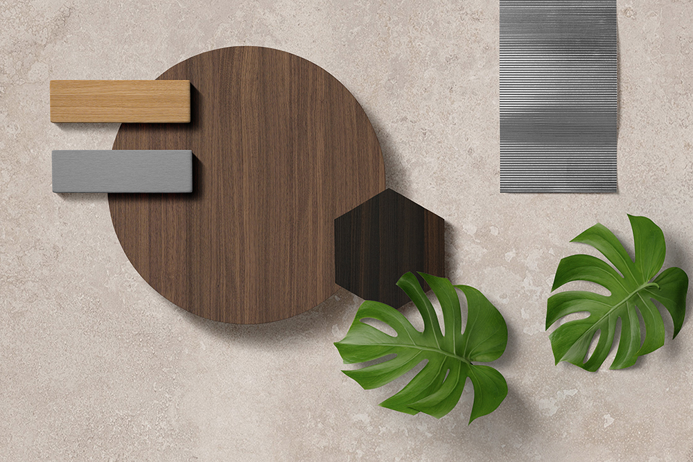 Moodboard Industrial Light con superficies industriales luminosas y maderas naturales
